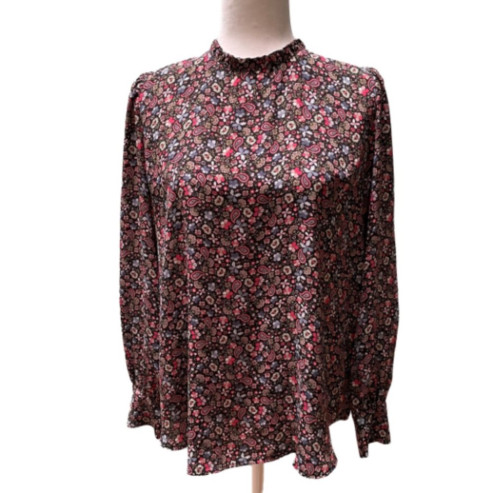 Loft Black Floral Ruffle Neck Blouse LG